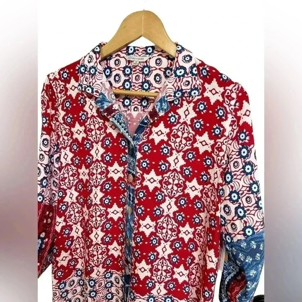 John Mark Women's Floral Red White Blue Top Boho Tunic 3/4 Sleeve Sz S NWT - Picture 3 of 10